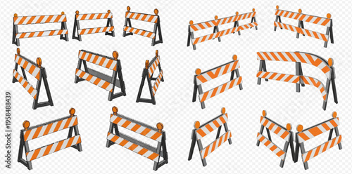 Set of construction barriers with orange and white stripes, road blockades, and warning lights for safety and restricted areas.