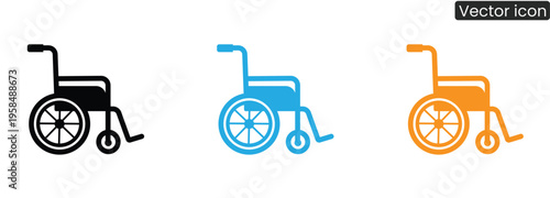 Three colorful wheelchair icons in black, blue and orange, ideal for illustrating accessibility, healthcare and disability concepts.