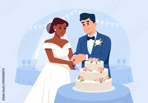 Happy Newlyweds Couple Cutting Cake Together. Traditional Wedding Ceremony Ritual Groom and Bride. Cute Flat Vector Illustration.