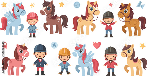 Cute horses and riders set with pony characters and children, cartoon equestrian animals and kids in riding outfits vector illustration collection for kids design