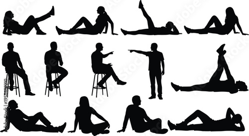 Human silhouette collection seated and reclining poses, black vector illustration, modern minimal design, artistic posture icons, body language concept