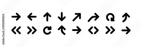 Collection of diverse black arrow icons indicating direction and action on a white background