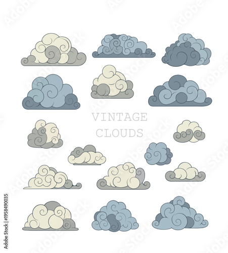 Vintage cloud vector set, collection of hand drawn clouds in engraving style