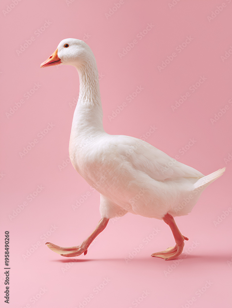 Fototapeta premium White goose walking forward like on a runway, light pink seamless background.