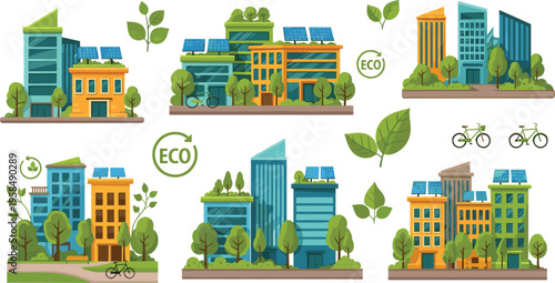 Eco city buildings set with green architecture, solar panels and sustainable urban design, environmentally friendly smart city concept vector illustration collection