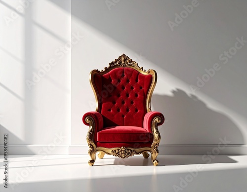 Royal Red Throne Chair with Dramatic Shadow on Minimal Interior Background