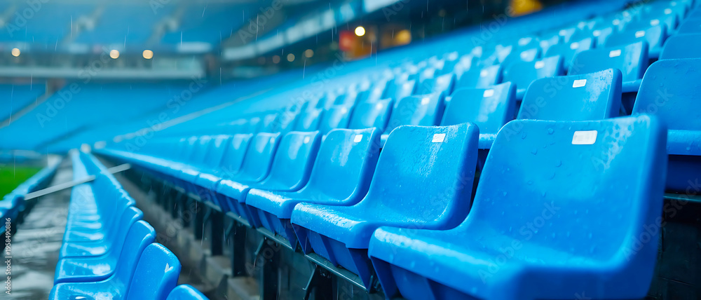 Fototapeta premium Expansive view of empty blue stadium seats under soft lighting, creating a vast and serene panorama of a large sports venue, concert hall