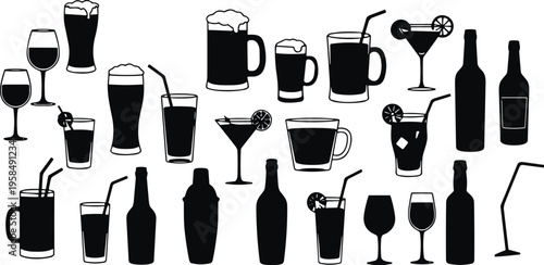 Alcohol drink glasses and bottles silhouettes set, beer mug, wine glass, cocktail martini, bar beverage collection vector illustration