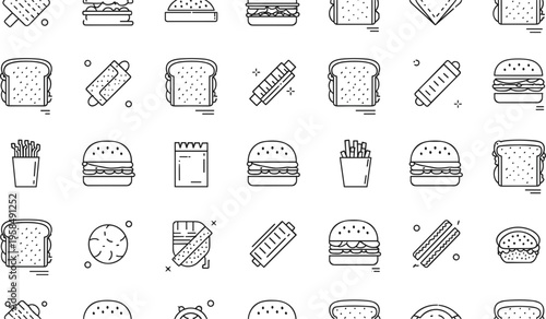 Fast food outline seamless pattern with burgers, sandwiches, fries and bread, minimal line art junk food background, vector illustration design