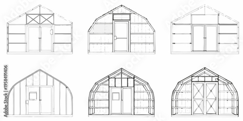Line drawings depict various gable and arched shed design blueprints