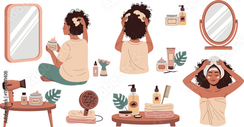 Hair care routine vector illustration set with woman applying mask, washing curly hair, beauty products, self care spa treatment, natural cosmetics concept