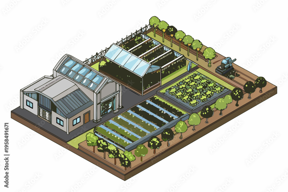Obraz premium Isometric illustration of a modern farm with greenhouses and outdoor plots