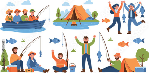 Flat vector illustration set of happy people fishing, camping by lake, outdoor leisure activities, anglers catching fish, nature adventure lifestyle collection