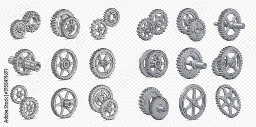 Set of realistic 3D gears, cogwheels, and mechanical parts for machinery and engineering projects.