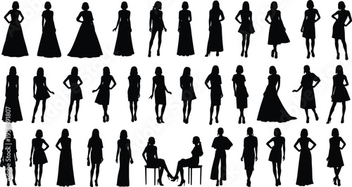 Collection of female silhouettes in elegant dresses and casual outfits, fashion model poses set, stylish women figures for design and illustration
