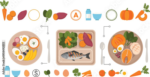 Healthy balanced diet vector illustration with fish, vegetables, fruits and eggs, nutrition meal planning concept, clean eating food plate collection design