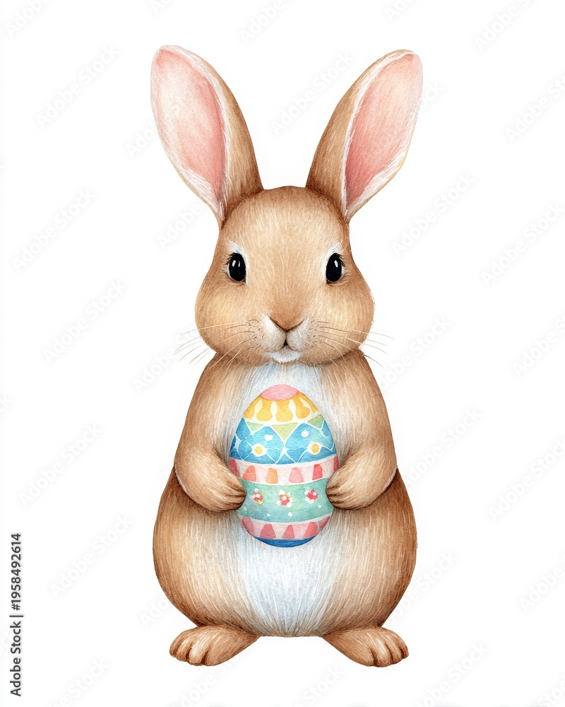Fototapeta premium Playful rabbit holding colorful easter egg springtime garden illustration whimsical cute cheerful