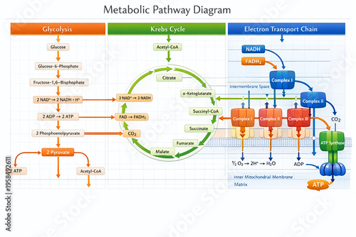 Cellular Metabolic Pathway Diagram Showing Glycolysis, Krebs Cycle, and Electron Transport Chain