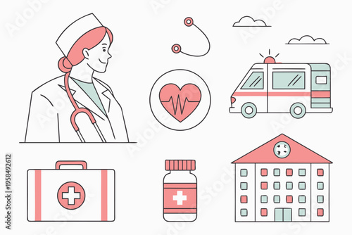 Healthcare and medical icon set in flat vector