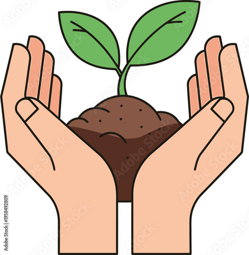 Protecting nature Hands gently holding a vibrant green seedling in fertile soil, symbolizing growth, environmental care, and sustainable future