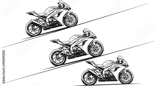 Sport motorcycle racing illustration set with superbike on track speed motion vector collection isolated detailed black line design