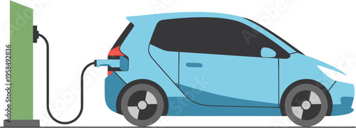 An eco-friendly electric vehicle, colored in a vibrant blue, is actively charging at a public station, symbolizing sustainable transportation and green energy solutions for a cleaner future