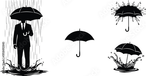 Umbrella silhouettes with rain and splash effects, protection concept illustration, weather symbol set, black vector design for storm and rainy season themes