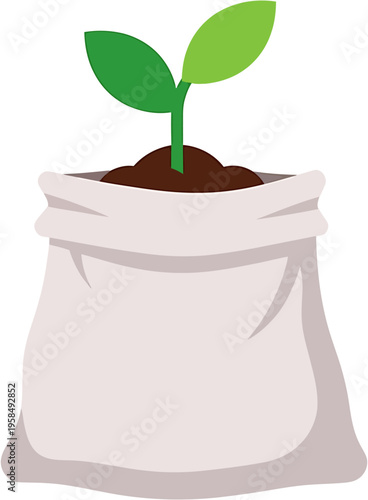 A small green plant seedling emerging from rich brown soil within a white burlap sack, symbolizing growth and cultivation for a new beginning