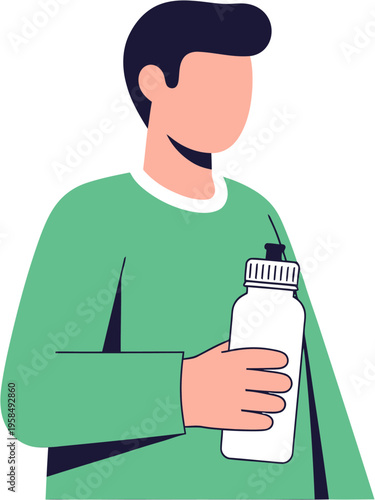 Modern vector illustration of a man staying hydrated with a water bottle, embodying a healthy and active lifestyle with a focus on daily wellness and self-care