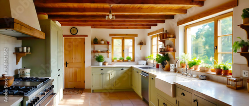 Rustic farmhouse kitchen interior with exposed wooden ceiling beams, large, farmhouse sink, and cozy home decor, interior design
