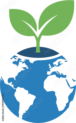 Green planet and growing plant symbol representing global environmental sustainability and ecological growth, symbolising a healthy planet Earth and nature