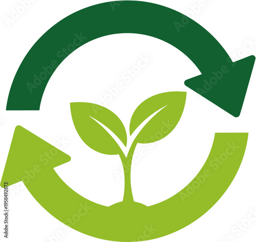 Conceptual illustration of environmental growth and sustainable development, featuring a fresh green sprout enclosed by circular recycling arrows, symbolizing nature's renewal and eco-consciousness