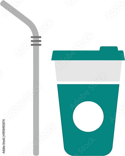 Turquoise coffee cup with a white lid and a grey straw, vector illustration for beverage and cafe