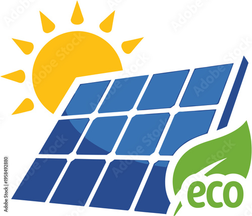 Solar panel powered by sun with eco leaf symbol, clean energy concept illustration