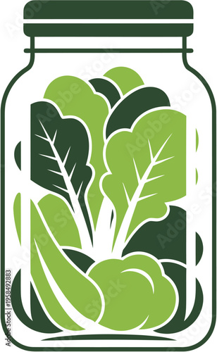 Freshly Harvested Green Leafy Vegetables Neatly Arranged Inside a Clear Glass Mason Jar, Symbolizing Healthy Eating, Preservation, and Sustainable Food Choices