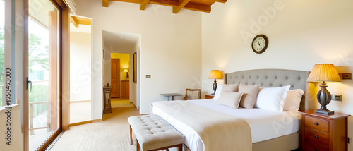 Luxury bedroom interior with large, king-size bed, elegant headboard, bedside tables, bench, and natural light creating a serene atmosphere for a resort or upscale home