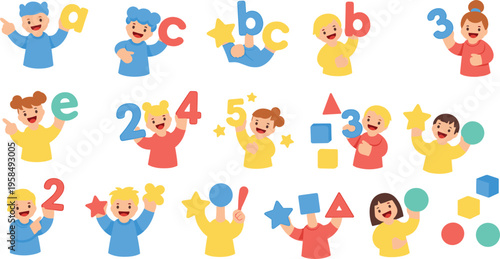 Kids learning alphabet and numbers set with happy children holding letters and shapes, early education and counting concept vector illustration collection