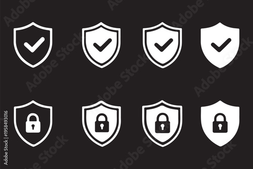 Security shield protection icon collection featuring lock, unlock, and checkmark authentication signs, data safety defense, privacy security, and cybersecurity vector