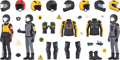 Motorcycle rider gear and safety equipment vector set with helmets, jackets, gloves, boots, protective pads, biker outfit collection illustration