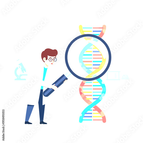 Scientist examining DNA double helix with magnifying glass. Genetic research, biology, biotechnology, and scientific discovery concept.