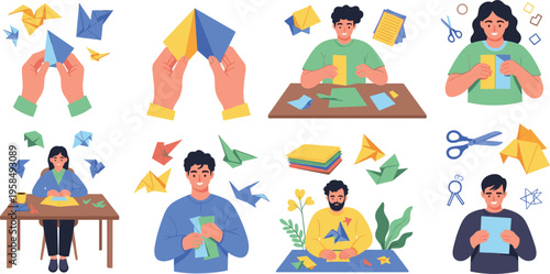 Origami paper folding activities set with people making paper birds and crafts, creative hobby and handmade art concept vector illustration collection