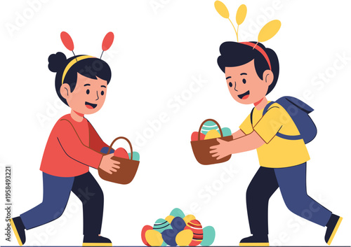 Two cheerful kids wearing bunny ears participate in an outdoor Easter egg hunt, gathering vibrant eggs into their baskets, depicting a joyful spring tradition