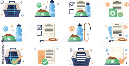 Pet care checklist and supplies vector set with carrier, food bowl, leash, documents, vaccination, grooming and veterinary preparation illustration collection