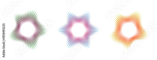 Sound equalizers with doted lines and gradient colors. Audio beat symbols. Vector illustration of circular sound waves on transparent background.