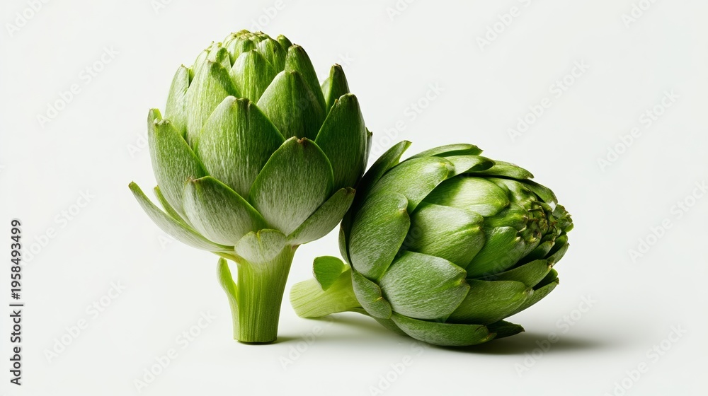 Fototapeta premium Fresh green artichokes displayed side by side on a clean white background, showcasing their unique textures and shapes, ideal for culinary or health-related content