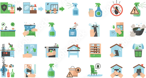 Pest control and disinfection vector icon set with cleaning spray, insect removal, hygiene protection, home sanitation, bug prevention illustration collection
