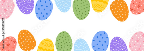 Horizontal frame with colorful Easter eggs. Spring holiday banner in rainbow colors