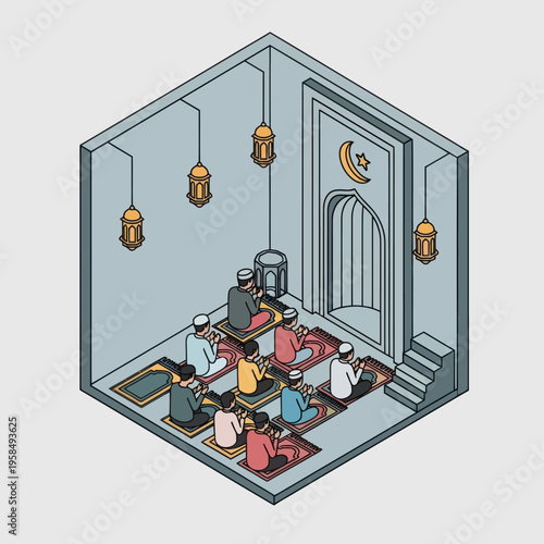 Islamic Prayer Gathering Inside Mosque Room.