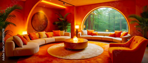 Cozy modern living room with curved sectional sofa and large arched window overlooking a forest, featuring warm orange tones and ambient lighting for relaxation and comfort