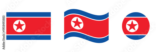 North Korea National Flag Vector Collection with Flat Waving and Circular Design Elements Vector Illustration,